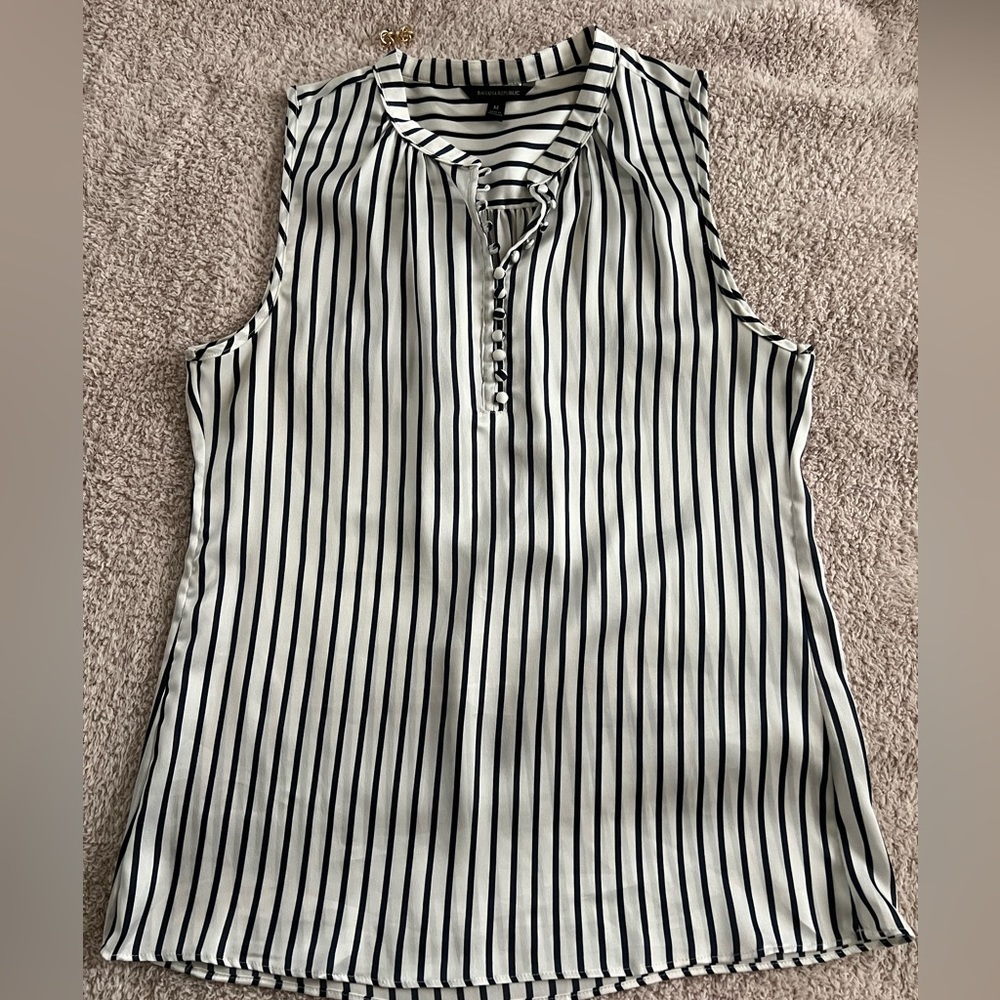 Banana Republic | Satin Navy Striped 1/4 Button-Up Blouse